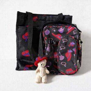 Bundle of Red Hat Society Tote Bag and Crossbody Bag Set With a Ganz Teddy Bear